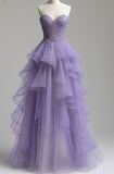 Purple Sweetheart Neck A-Line Tulle Long Prom Dresses Formal Evening Dress HZ1024