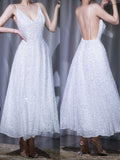 White V-neck A-Line Beaded Tulle Prom Dresses Elegant Backless Evening Dress HZ1024