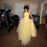 Butter Yellow Strapless Corset Tulle Long Prom Dresses Sweet 16 Dresses HZ1024