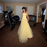 Butter Yellow Strapless Corset Tulle Long Prom Dresses Sweet 16 Dresses HZ1024