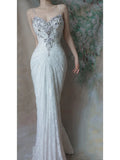 Spaghetti Strap Mermaid Lace Long Prom Dresses, Vintage Evening Dresses HZ1024