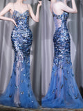 Blue Elegant Spaghetti Strap Mermaid Evening Dress, Sequined Tulle Long Prom Dresses HZ1024