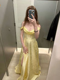Gold Off-shoulder A-Line Jacquard Satin Long Prom Dresses Sweet Graduation Evening Dresses HZ1024