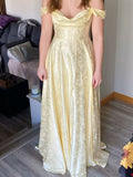 Gold Off-shoulder A-Line Jacquard Satin Long Prom Dresses Sweet Graduation Evening Dresses HZ1024