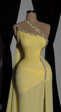 Yellow One Shoulder Sheath Chiffon Sparkly Beaded Slit Evening Gowns HZ1024