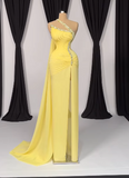 Yellow One Shoulder Sheath Chiffon Sparkly Beaded Slit Evening Gowns HZ1024