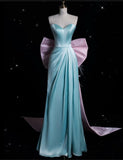 Blue Sweetheart Neck Sheath Satin Long Birthday Gowns with Bow HZ1024