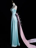 Blue Sweetheart Neck Sheath Satin Long Birthday Gowns with Bow HZ1024