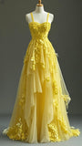 Yellow Spaghetti Strap A-Line Tulle Applique Long Prom Dresses Exotic Birthday Dresses HZ1024