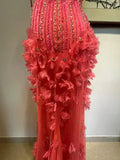 Hot Pink Spaghetti Strap Mermaid Tulle Beaded Long Prom Dress Vintage Evening Dress HZ1024