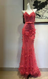 Hot Pink Spaghetti Strap Mermaid Tulle Beaded Long Prom Dress Vintage Evening Dress HZ1024