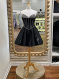 Black A-Line Sweetheart Neck Beaded Satin Short Homecoming Dress HZ1024