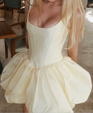 Light Yellow Spaghetti Strap A-Line Satin Short Party Dress Birthday Dress HZ1024