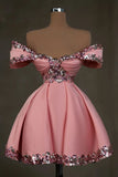 Pink Off-the-shoulder A-Line Satin Sequin Short Evening Gown Homecoming Dress HZ1024