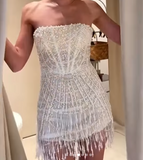 White Strapless Bodycon Pearl Tassel Short Prom Dresses Fashion Party Dress HZ1024