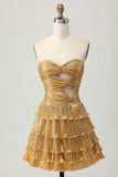 Gold Strapless A-Line Tiered Satin Short Prom Dresses Glitter Homecoming Dress HZ1024