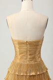 Gold Strapless A-Line Tiered Satin Short Prom Dresses Glitter Homecoming Dress HZ1024