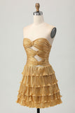 Gold Strapless A-Line Tiered Satin Short Prom Dresses Glitter Homecoming Dress HZ1024