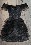 Off Shoulder A-Line Tulle Sequin Short Birthday Dresses Black Homecoming Dress HZ1024