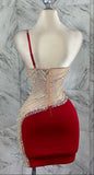 Red Bodycon Satin Beaded Short Birthday Dress Fashion One Shoulder Homecoming Dress HZ1024
