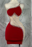 Red Bodycon Satin Beaded Short Birthday Dress Fashion One Shoulder Homecoming Dress HZ1024