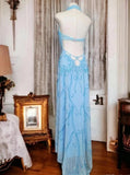 Blue Halter Neck Sheath Chiffon Beaded Backless Long Prom Dresses Formal Evening Dresses HZ1024