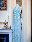 Blue Halter Neck Sheath Chiffon Beaded Backless Long Prom Dresses Formal Evening Dresses HZ1024