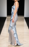 Blue Sheath Tulle Satin Long Prom Dresses Spaghetti Strap Evening Gowns with Beading HZ1024