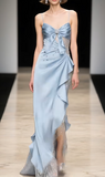 Blue Sheath Tulle Satin Long Prom Dresses Spaghetti Strap Evening Gowns with Beading HZ1024