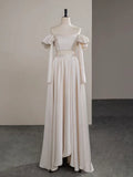 Two Pieces Satin Champagne Long Prom Dress, Champagne Long Formal Dress HZ1024