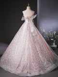 Tulle Lace Sequin Pink Long Prom Dress, Pink Long Graduation Dress HZ1024