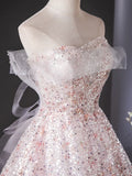 Tulle Lace Sequin Pink Long Prom Dress, Pink Long Graduation Dress HZ1024