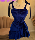 Blue Spaghetti Strap A-Line Velvet Short Birthday Dress Outdoor Party Outfit HZ1024