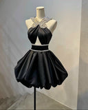 Black Halter A-Line Satin Short Party Dress Fashion Homecoming Dress HZ1024