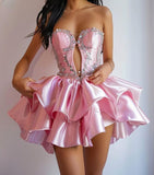 Pink Sweetheart Neck A-Line Satin Beaded Short Homecoming Dress HZ1024