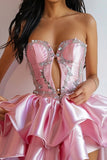 Pink Sweetheart Neck A-Line Satin Beaded Short Homecoming Dress HZ1024