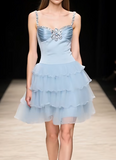 Gray Blue A-Line Spaghetti Strap Satin Tulle Short Homecoming Dress HZ1024