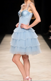 Gray Blue A-Line Spaghetti Strap Satin Tulle Short Homecoming Dress HZ1024