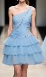 Gray Blue A-Line One Shoulder Satin Tulle Rhinestone Short Homecoming Dresses HZ1024