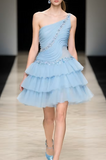 Gray Blue A-Line One Shoulder Satin Tulle Rhinestone Short Homecoming Dresses HZ1024