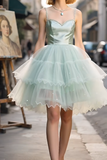 Spaghetti Strap A-Line Mint Green Tulle Short Homecoming Dresses HZ1024