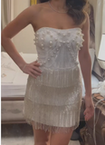 Strapless Bodycon Beaded Tassel Short Homecoming Dresses Sparkly Party Dress HZ1024
