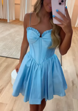A-Line Blue Spaghetti Strap Birthday Outfit Short Homecoming Dresses HZ1024