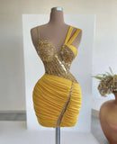 Asymmetric Bodycon Yellow Satin Beaded Short Homecoming Dresses Outdoor Party Outfit HZ1024