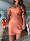 Orange Off Shoulder Sheath Satin Short Homecoming Dresses Party Dress HZ1024