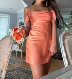 Orange Off Shoulder Sheath Satin Short Homecoming Dresses Party Dress HZ1024