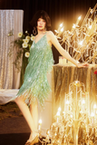Green Sheath Spaghetti Strap Tassel Short Homecoming Dress Sweet Birthday Dress HZ1024