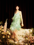 Green Sheath Spaghetti Strap Tassel Short Homecoming Dress Sweet Birthday Dress HZ1024
