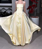 A-Line Halter Butter Yellow Satin Long Prom Dresses Birthday Party Outfits HZ1024