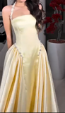A-Line Halter Butter Yellow Satin Long Prom Dresses Birthday Party Outfits HZ1024